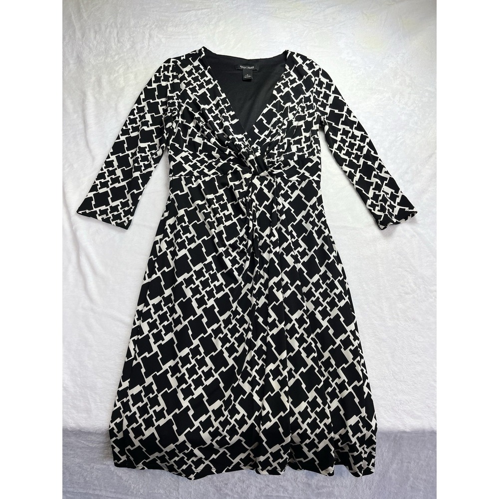 White House Black Market 3/4 Sleeve Geometric Faux Wrap Dress Stretchy Size 4